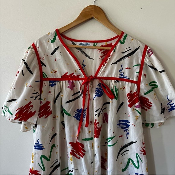 Vintage 80s Lara Dee paint scribble splatter house dress muumuu (binW4) - Picture 5 of 6